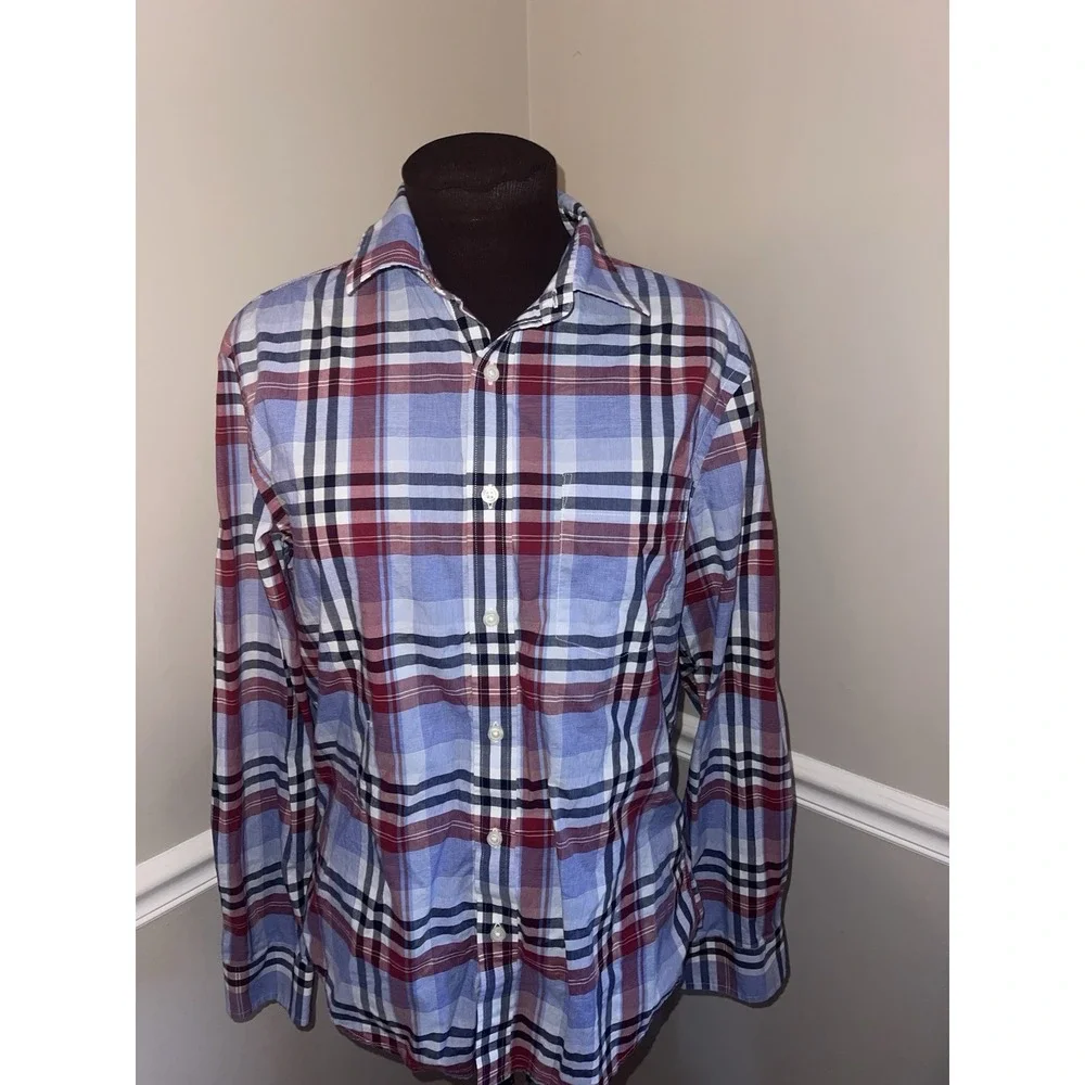 Banana Republic Plaid Untucked‎ Fit Organic Cotton Mens Shirt Medium Red Navy